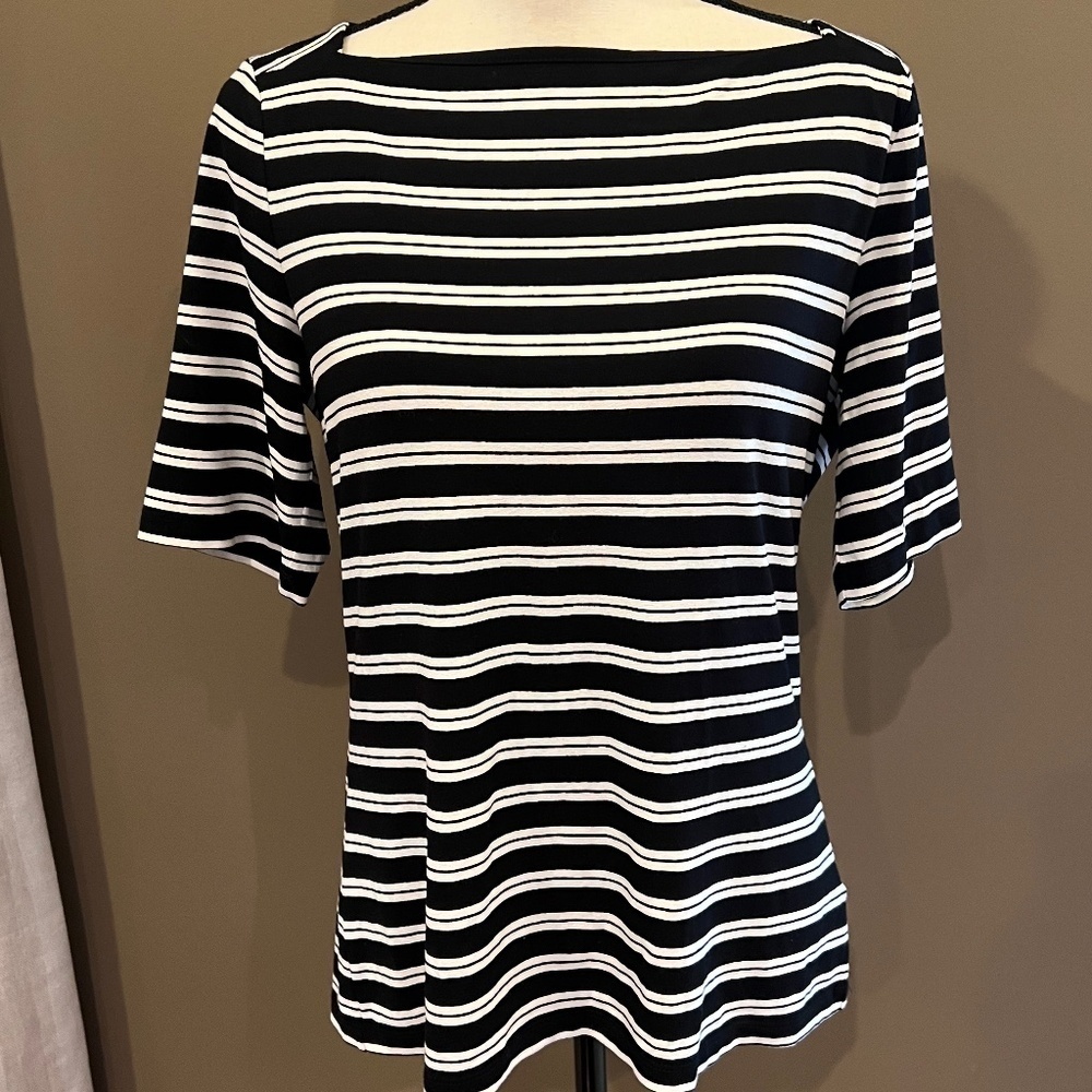Talbots Women's Black & White Striped Elbow sleeve Shirt, Size Medium